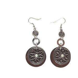 Bohemian Silver & Brown Dangle Earrings Intricate Floral Design Costume Jewelry